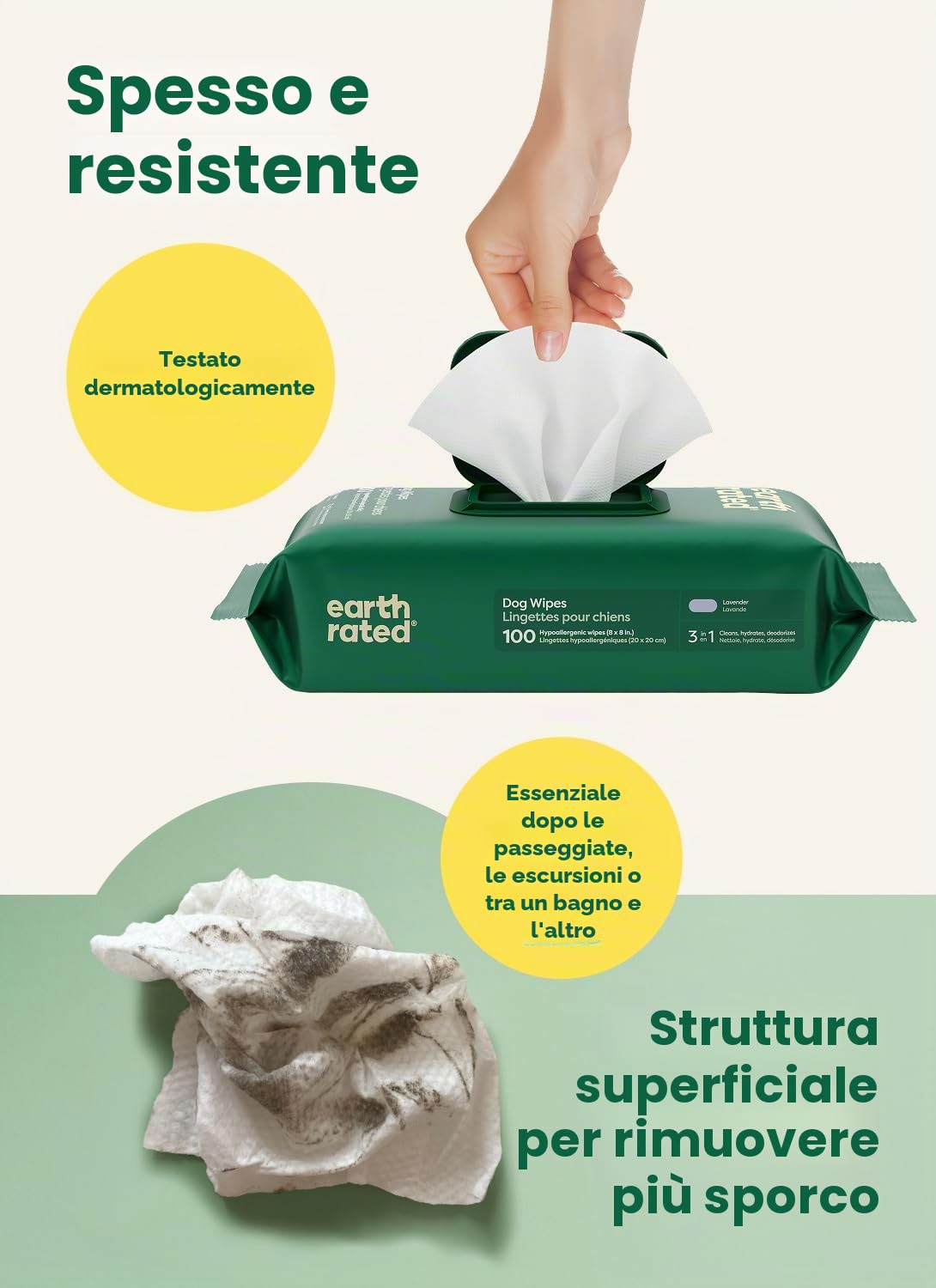 Earth Rated Salviette ipoallergeniche per Cani, puliscono ed eliminano Gli odori da Zampe, Corpo e Sedere, profumati alla Lavanda, 100 Pezzi