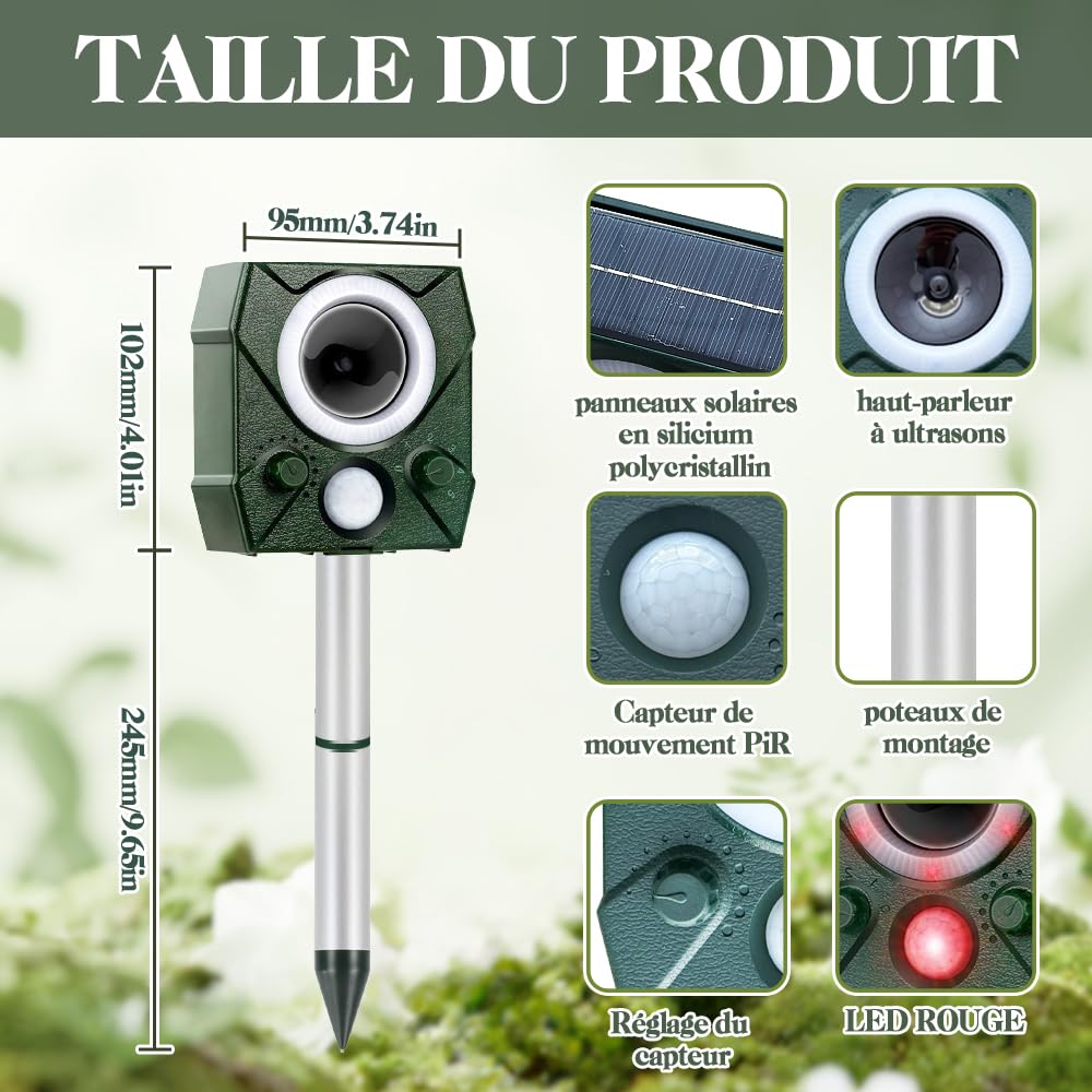 Solaire Ultrason Souris et Rats, Étanche Repulsif Souris et Rats Ultrason Puissant, Piège à Souris avec Lumière LED Contre Les Chats, Chiens et Divers Nuisibles Convient aux Jardins et Aux Cour