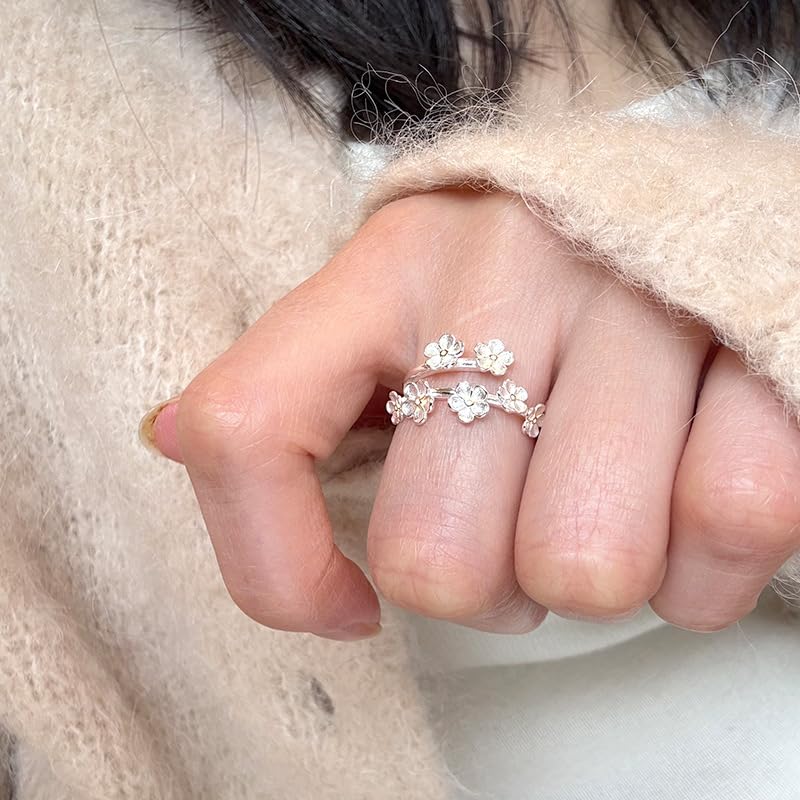 Kokoma Sterling Silver Plum Blossom Wrap Ring for Women Flower Statement Ring Adjustable Open Finger Band Promise Engagement Rings2