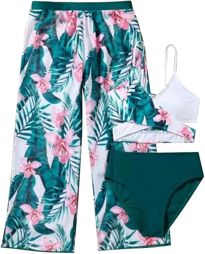 Girls Bikini Set 3 Piece - Tropical Print Bikini Set with Quick Dry Cover Up - Bathing Suit for Kids 8-13 Years