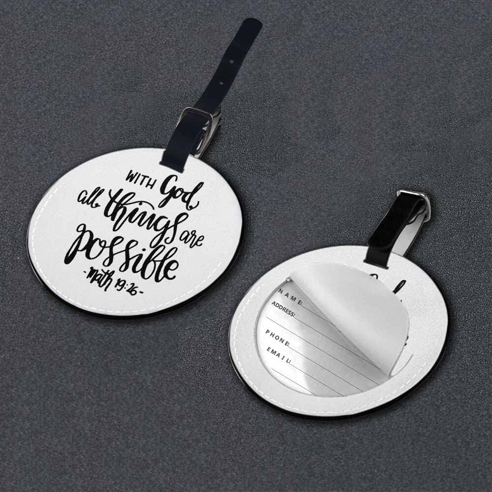 TKS MITLAN 1 Pack Quote Hand Drawn PU Leather Travel Cruise Luggage Tag Hope with God All Things are Possible Baggage Bag Backpack Instrument with Privacy Flap Name ID Label Suitcase(Round)