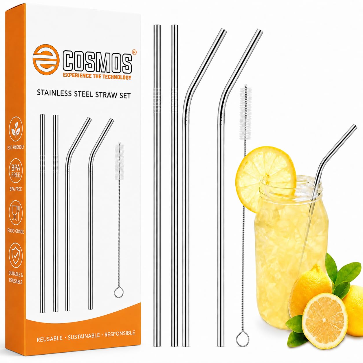 E-COSMOS Reusable Stainless Steel Straws for Drinking with Brushes 8.5 Inches BPA-Free Metal, Thick, Long (2 Bent + 2 Straight +1 Brush)-image-23