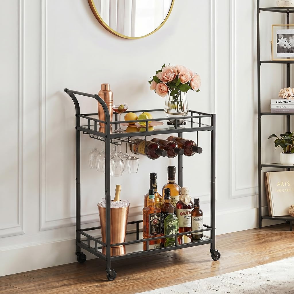 VASAGLE Bar Cart Black, Home Bar Serving Cart, Wine Cart with 2 Mirrored Shelves, Wine Holders, Glass Holders, for Kitchen, Dining Room, Black ULRC092B62