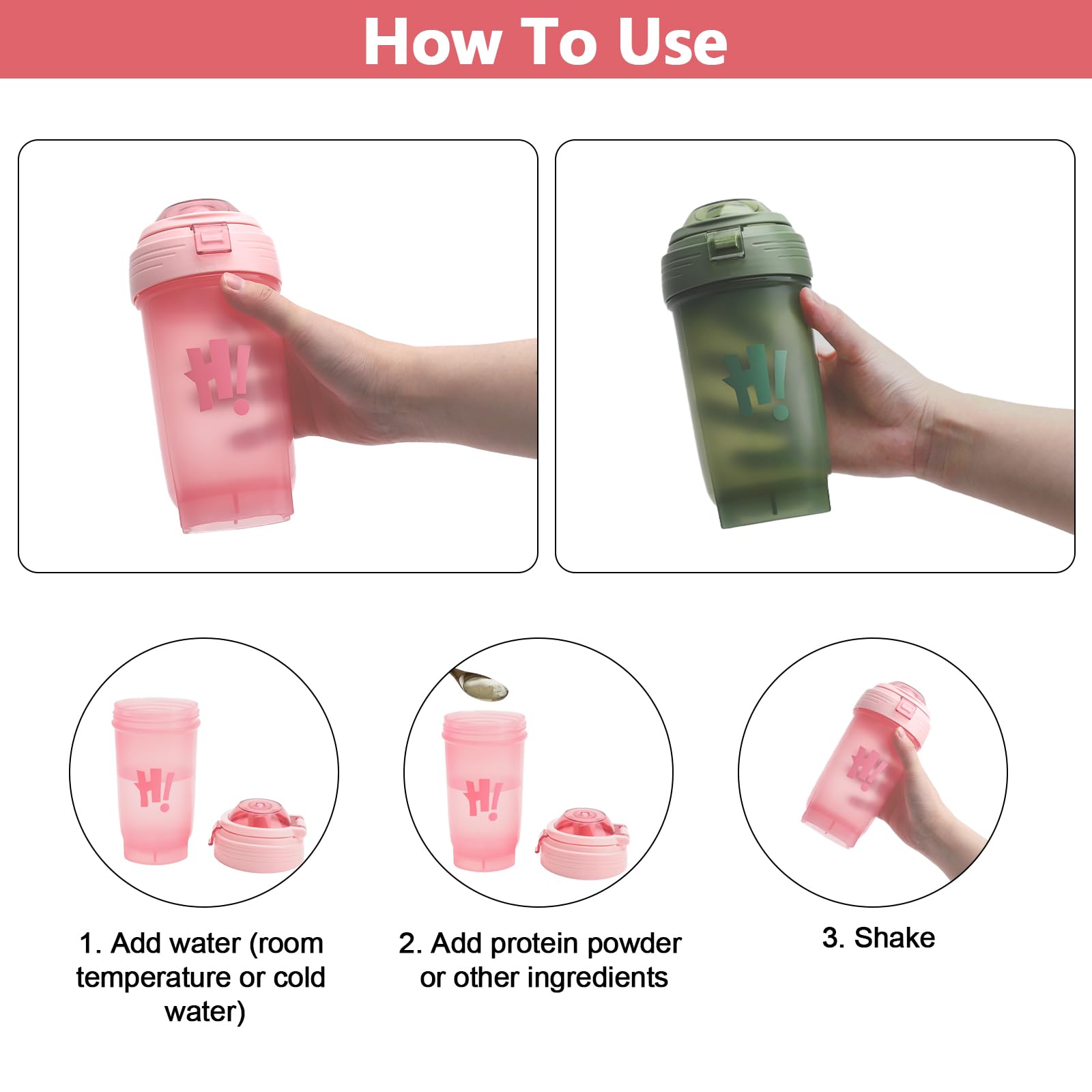 Apomoons 2 Shaker Per Proteine Da 500 Ml Con Sfera, Indicatore ML, A Prova Di Perdite, Rosa E Verde