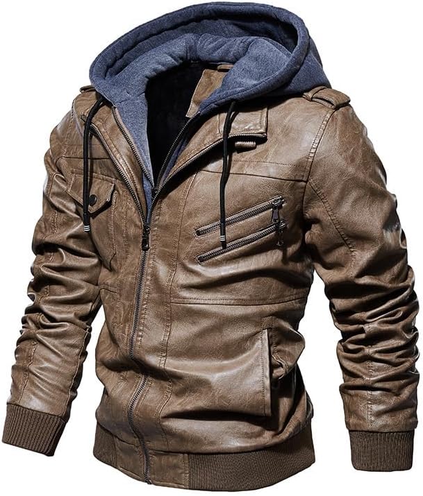 Men's Leather Jacket, Autumn and Winter Casual Leather Motorcycle Jacket with Hood, Faux Two Pieces, Khaki-4XL