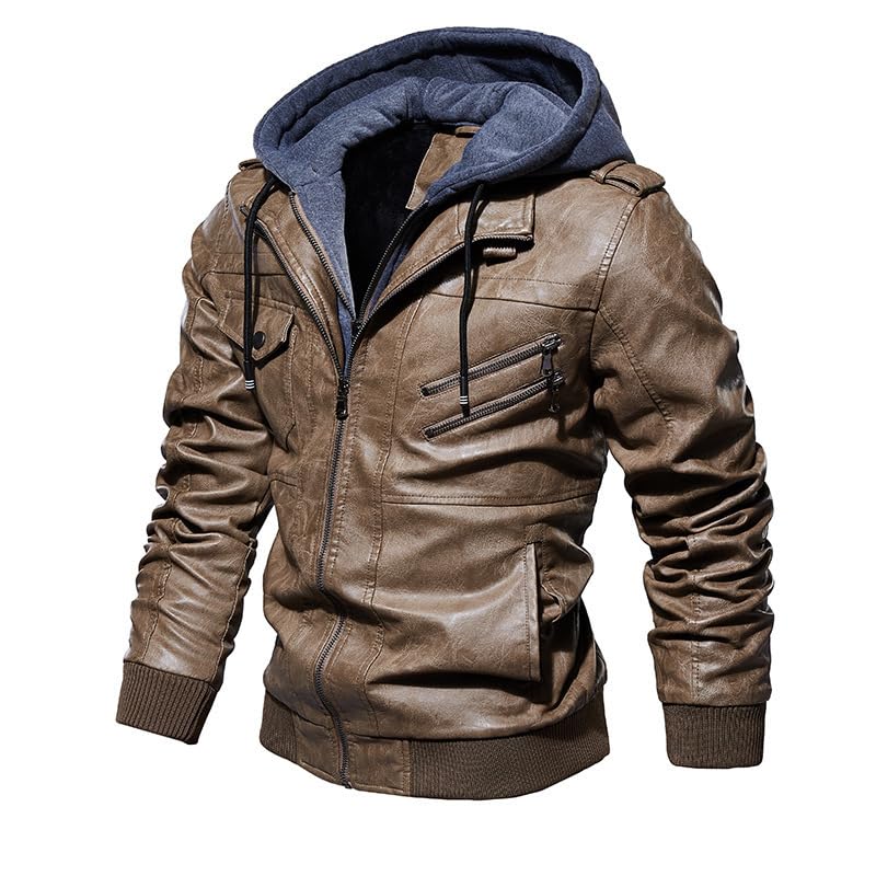 Veste en Cuir pour Homme, Moto Décontractée à Capuche, Faux Deux Pièces, Automne et Hiver, Khaki-L