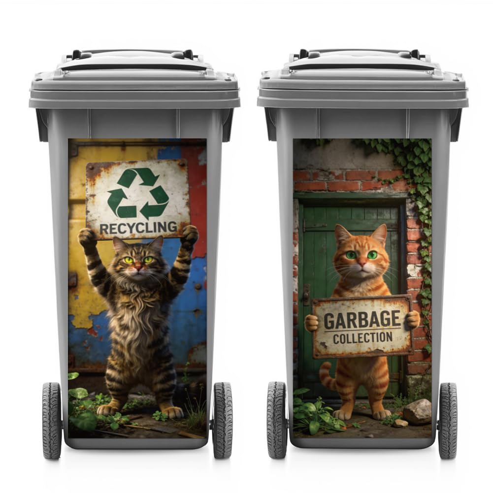 ANATTASOUL 2 Sheets Spring Wheelie Bin Stickers Cat with Trash Can Sign Waterproof Dustbin Covers Decor, 14.9"x 32.2" Adhesive Large Decal for Bins, Fridge, Wall Outdoor, Indoor Decoration