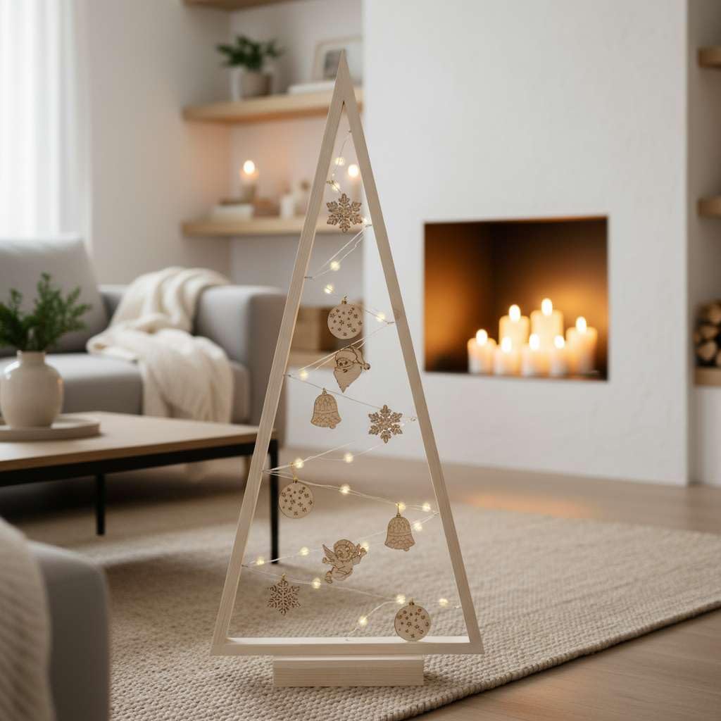 BOGATECO Albero di Natale in legno con illuminazione LED 104 cm di altezza | Decorazione in legno inclusa | Decorazioni natalizie | 30 LED |