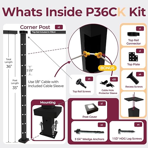 Vista 2 de CR Fence & Rail - Kit de poste de cable de esquina de montaje superior de 36 pulgadas con conector de esquina, solo poste final, para barandillas