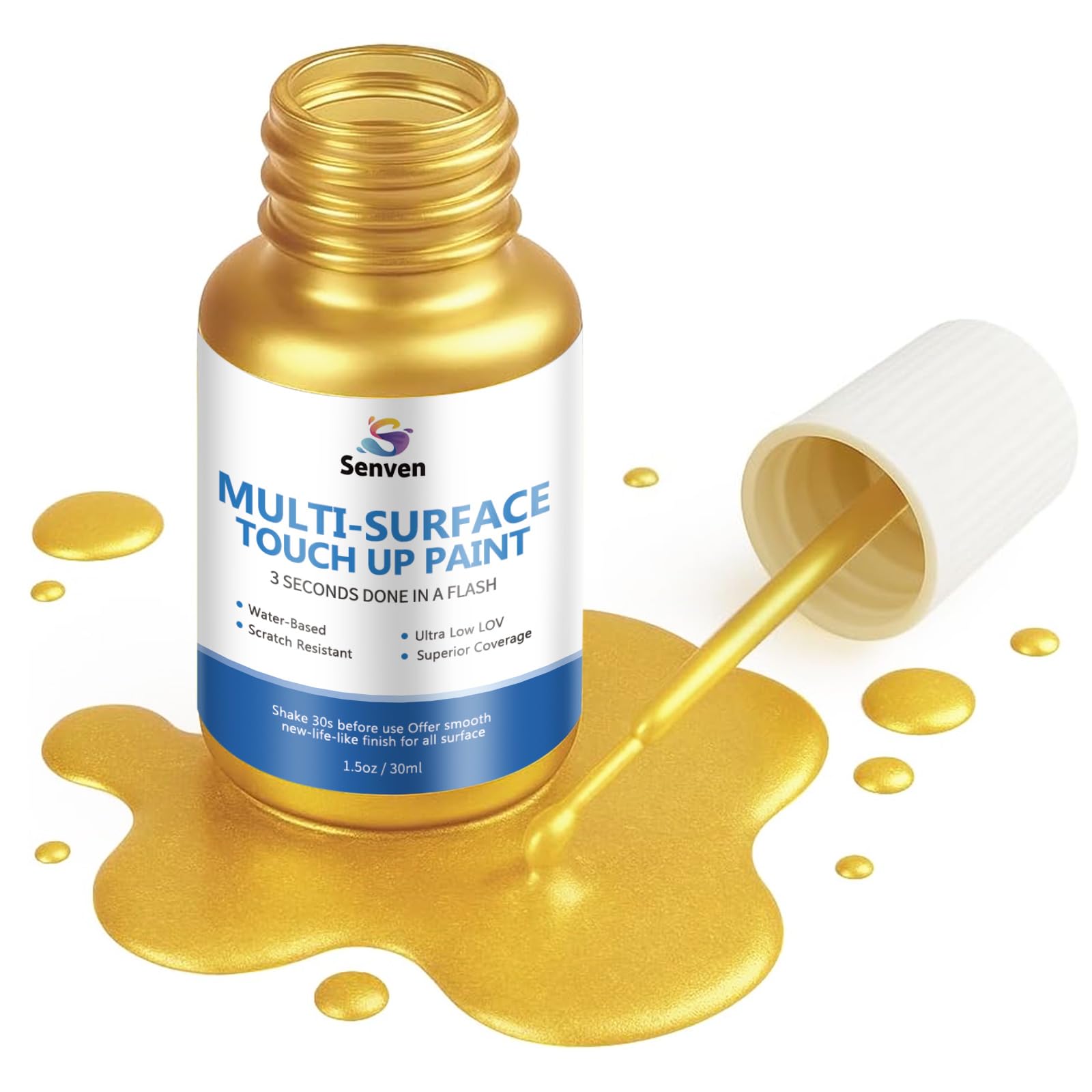 SENVEN Liquid Gold Leaf Paint High Gloss Multi Surface Rich Gold Paint for Metal, Wood, Plastic, Canvas, Appliance, Furniture Scratch Repair &amp; Art Handcrafts 30ml/1.5oz Fast Drying Acrylic Metallic Finish