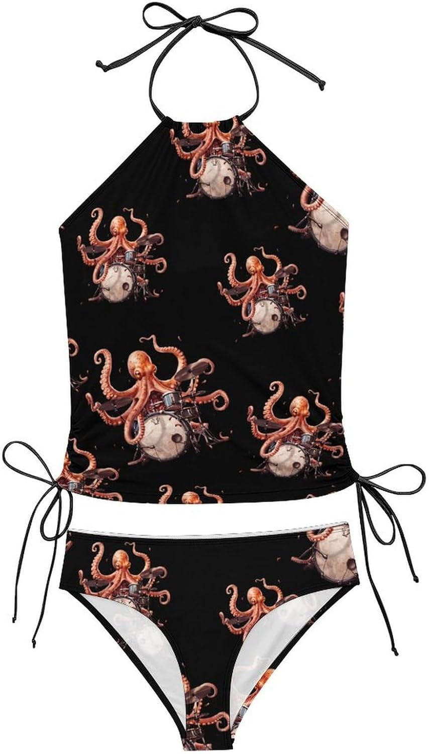 Octopus Playing Drums Funny Women's String Swimwear Set 2 Pcs Tankini Swimsuits Bathing Suit