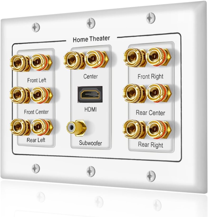 7.1 Home Theater Banana Binding Post Coupler Type Wall Plate for 7 Speakers, 1 RCA Jack for Subwoofer & 1 HDMI Port