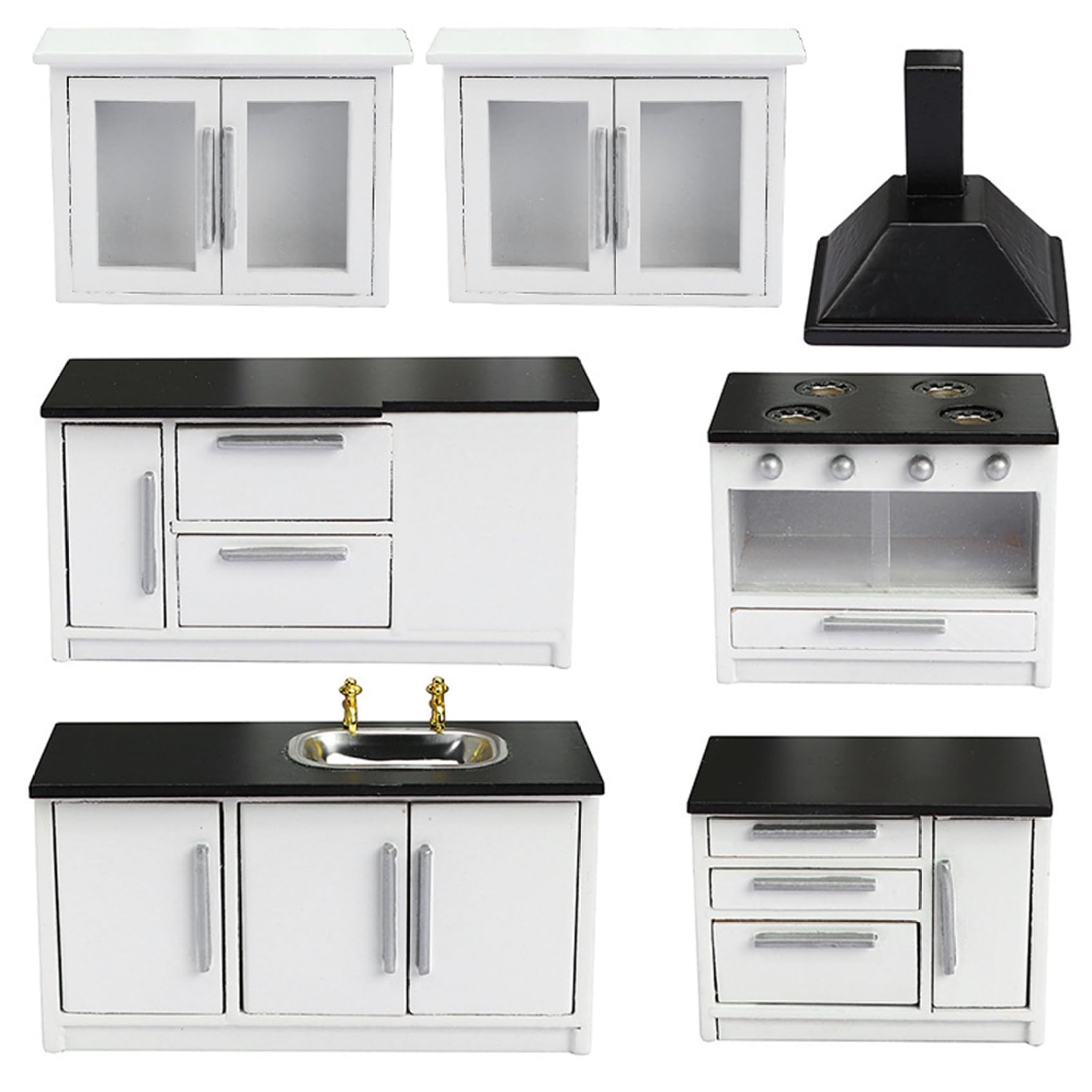 Cucina per casa delle bambole, 7 pezzi/set mobili per casa delle bambole in legno in scala 1/12, accessori per miniatura di simulazione, mobili miniatura
