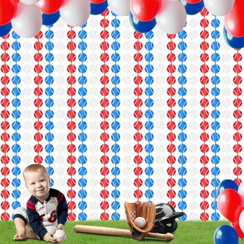 Windkream Baseball Birthday Party Decoration 2 Pack Baseball Shaped Tinsel Foil Fringe Curtain Backdrop 3.3 x 6.6 ft for Boys Sport White Red Blue Birthday Banner Party Supply Photography Background