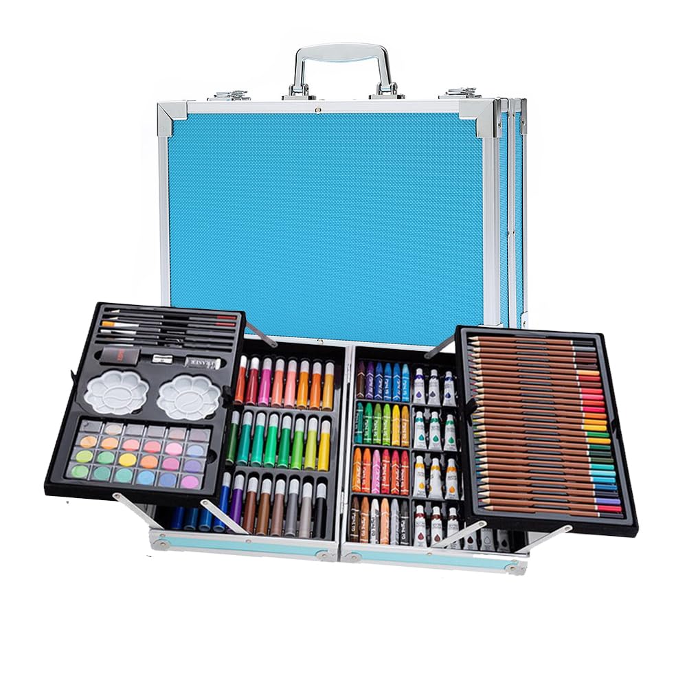 145 PCS Deluxe Art Set,Painting & Drawing Set in Aluminium Case With Oil Pastels, Colored Pencils, Acrylic Paints, Watercolor Cakes, Brushes for Artists, Adults, Children, Kids