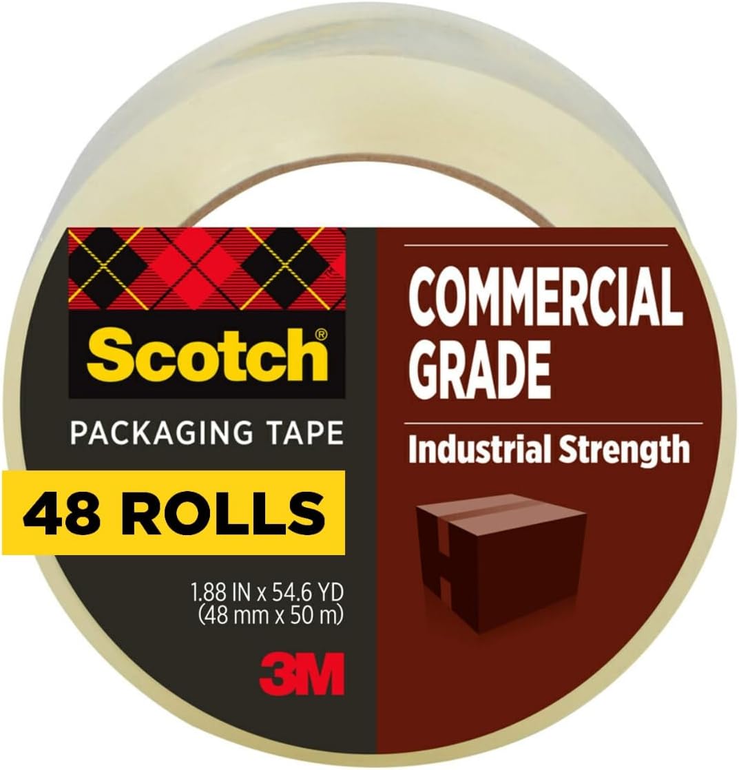 Scotch Commercial Grade Shipping Packaging Tape, 1.88" x 54.6 yd, Designed for Packing, Shipping and Mailing, Guaranteed to Stay Sealed, 3" Core, Clear, 48 Rolls