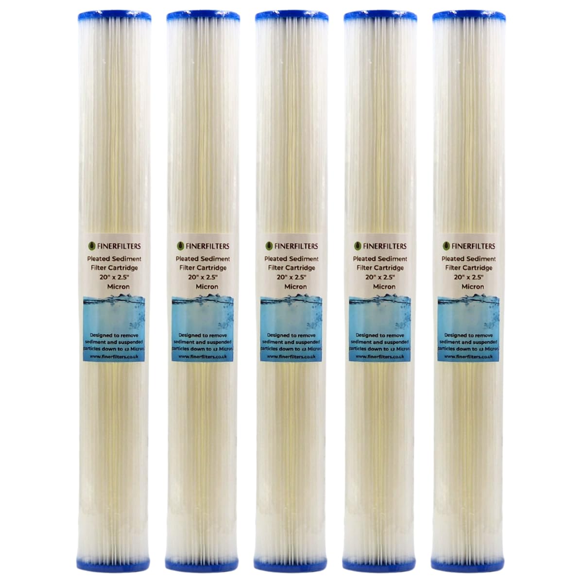 20" Standard Pleated Sediment Water Filter | 20 Micron, 20" x 2.5" | Washable Filter to Extend Lifespan, Fits 20" Standard Housings (5 Pack)