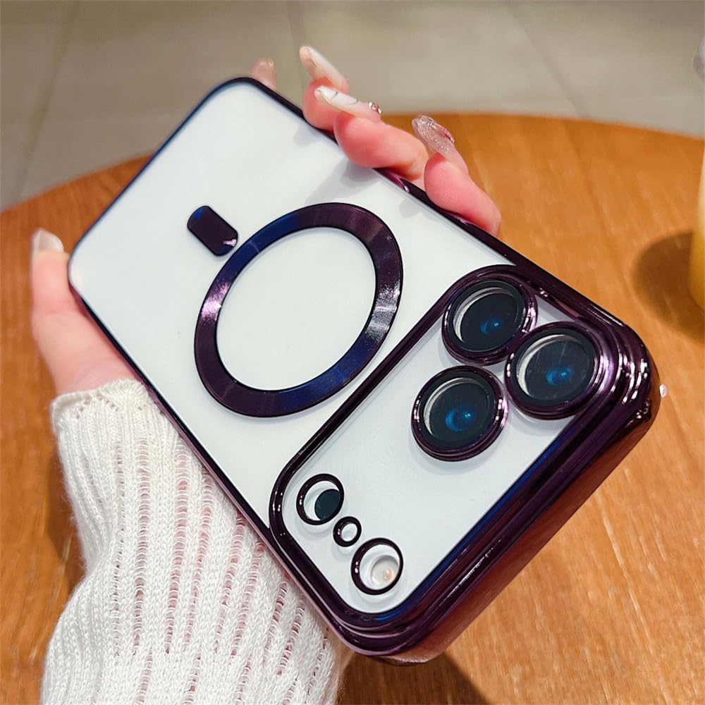 Etui ochronne z magnetycznym ładowaniem bezprzewodowym Plating Clear do iPhone'a 17 Air 16 15 14 Plus 11 12 13 Pro Max, ciemnofioletowe, do iPhone'a 11 Pro