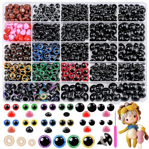 MUOTRRTE 1100 Stück Sicherheitsaugen und Nasen für Häkeltiere, Amigurumi Augen zum Häkeln, Bunte Puppenhäkelaugen mit Unterlegscheiben für Plüschtiere, Häkelspielzeug, Plüschpuppen und Teddybären