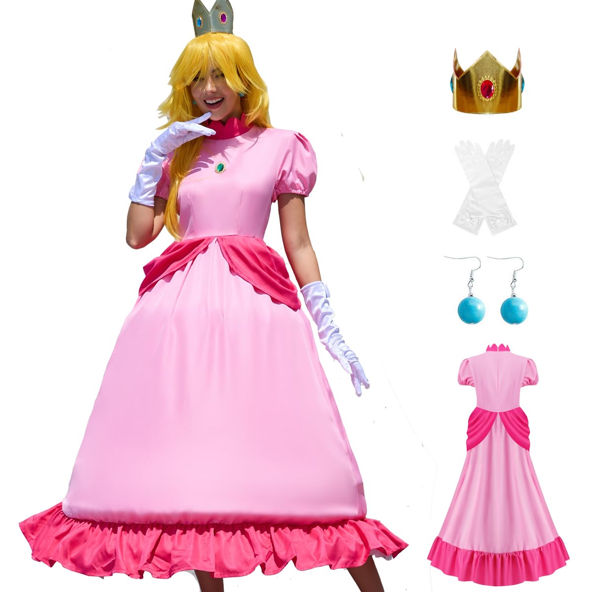 Prinzessin Pfirsich-Kostüm für Damen, 2023, Superbrüder, Cosplay, Kleid, Krone, Ohrringe, Handschuhe, komplettes Set, Erwachsenen-Halloweenanzug