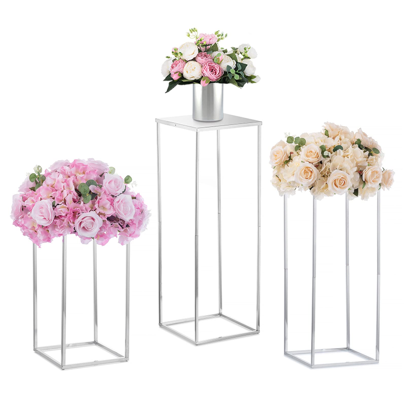 Nuptio Silver Vase for Wedding Centrepieces with Metal Panel - 3 Pcs Geometric Flower Stand Tall Floor Standing Vases Column Display Stand for Birthday Party Reception Table Decor(15.7/23.6/31.5in)