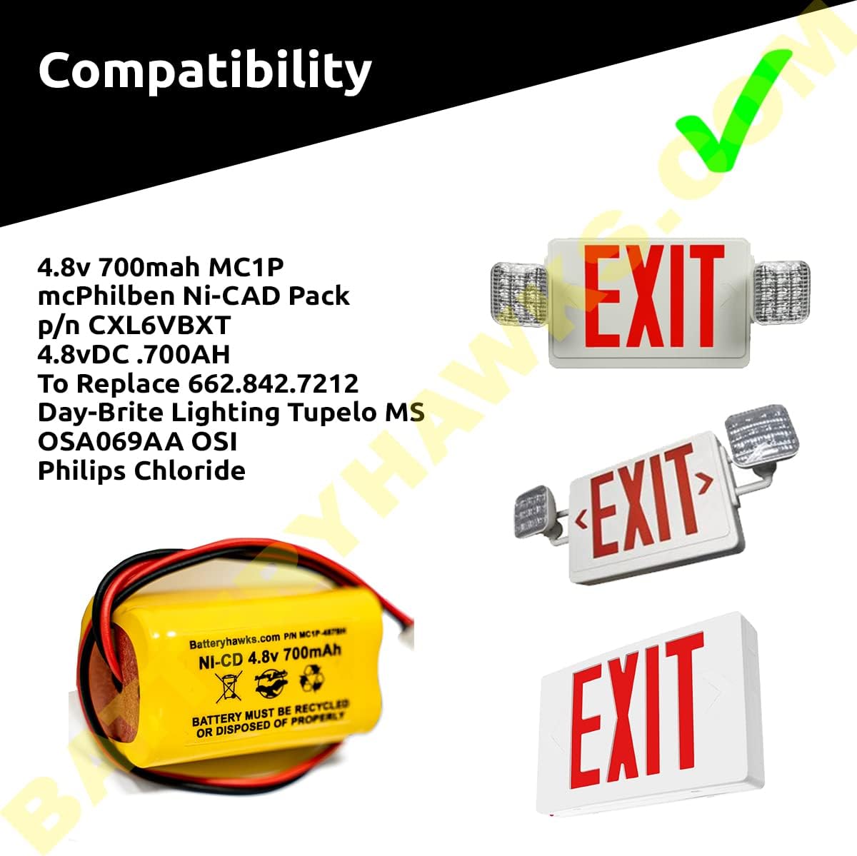 Compatibility image showing the battery and various types of exit and emergency lights