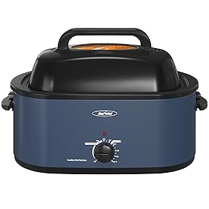 Sunvivi Roaster Oven, Electric Roaster Oven with Viewing Lid, 28lb 24-Quart Turkey Roaster with Unique Defrost/Warm Function, Large Roaster with Removable Pan & Rack, Stainless Steel, Blue