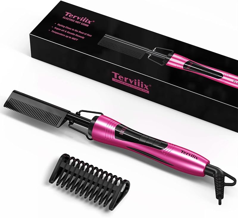 Peine eléctrico caliente de Terviiix, peines de presión para cabello negro natural, pelucas y barba, peine alisador antiescaldaduras con dientes infundidos con queratina y aceite de argán, temperaturas ajustables, apagado automático de 60 minutos