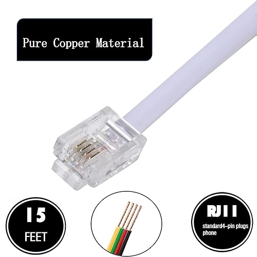 Miniatura 3 de Cable de extensión de teléfono de 15 pies de largo, con enchufe RJ11 estándar y 1 acoplador en línea y 15 soportes de clip para cables, color blanco