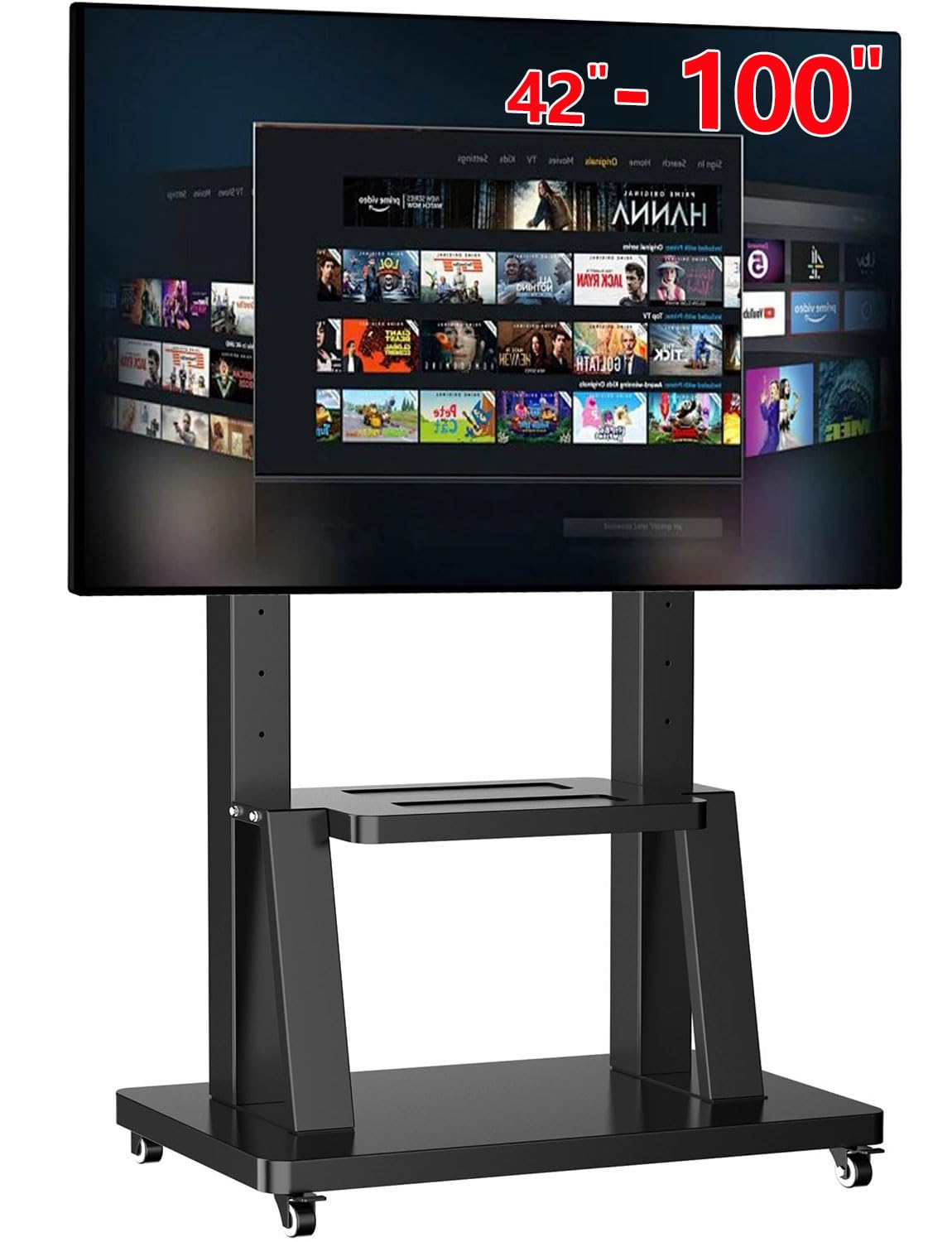 JXMSTWP - Soporte de TV con ruedas móviles para la mayoría de pantallas de 42 a 100 pulgadas, carrito de TV grande en altura ajustable con bandeja, VESA Max 900 x 600 mm, carga 80 kg, soporte para