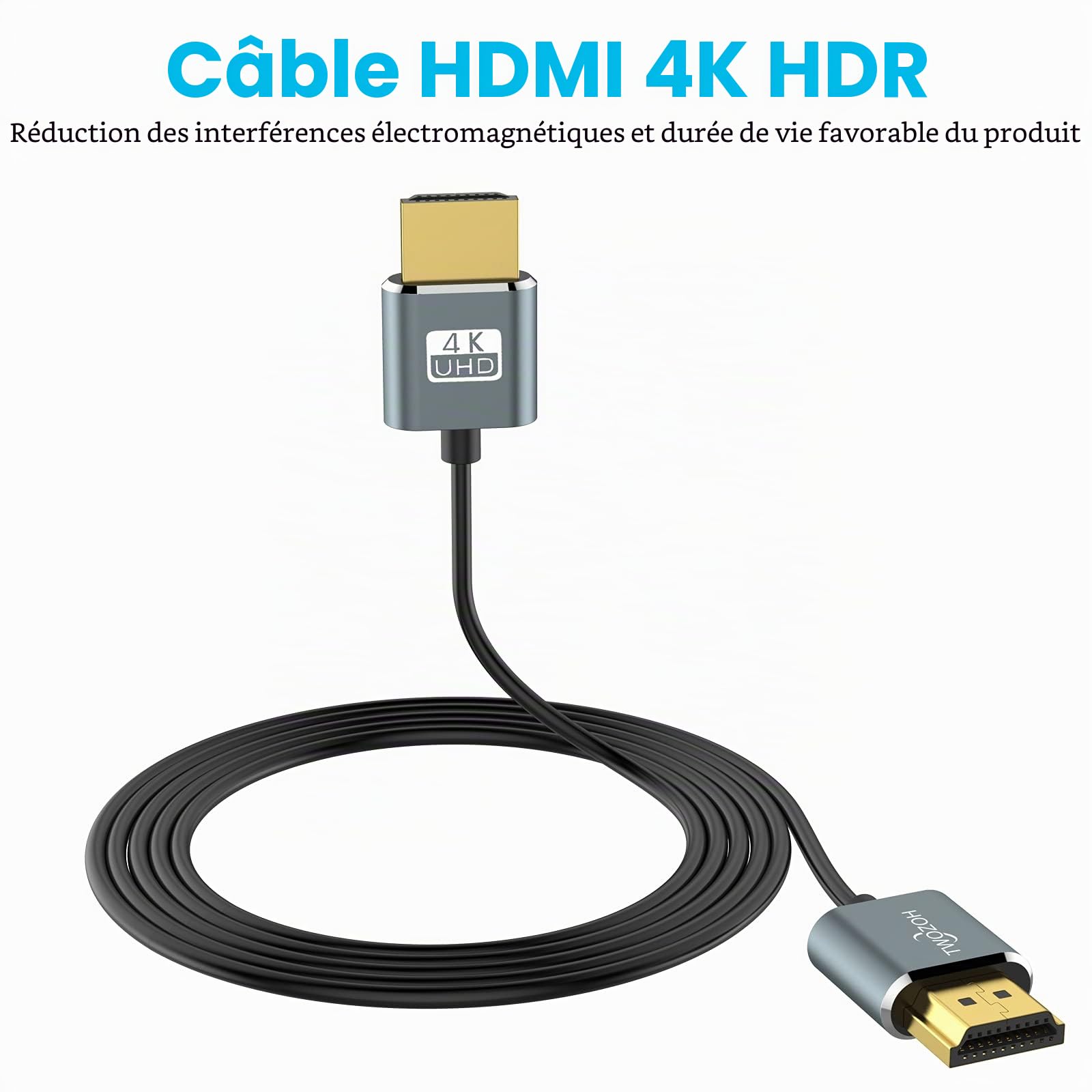 Twozoh Câble HDMI fin 0,3M Lot de 2, Ultra fin haute vitesse 4K@60Hz 18Gbps