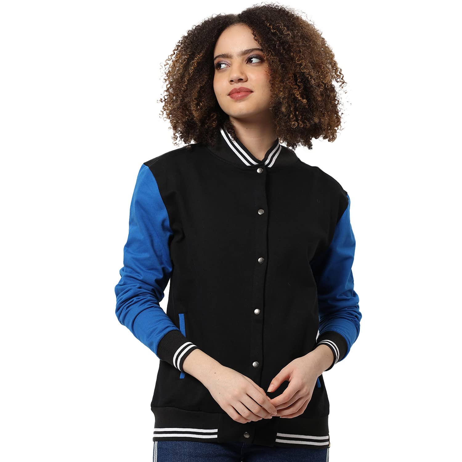 Campus Sutra Women's Black & Yellow Regular Fit Cotton Varsity Jacket For Winter Wear | Full Sleeve | Buttoned | Casual Jacket For Woman & Girl | Western Stylish Jacket For Women in black