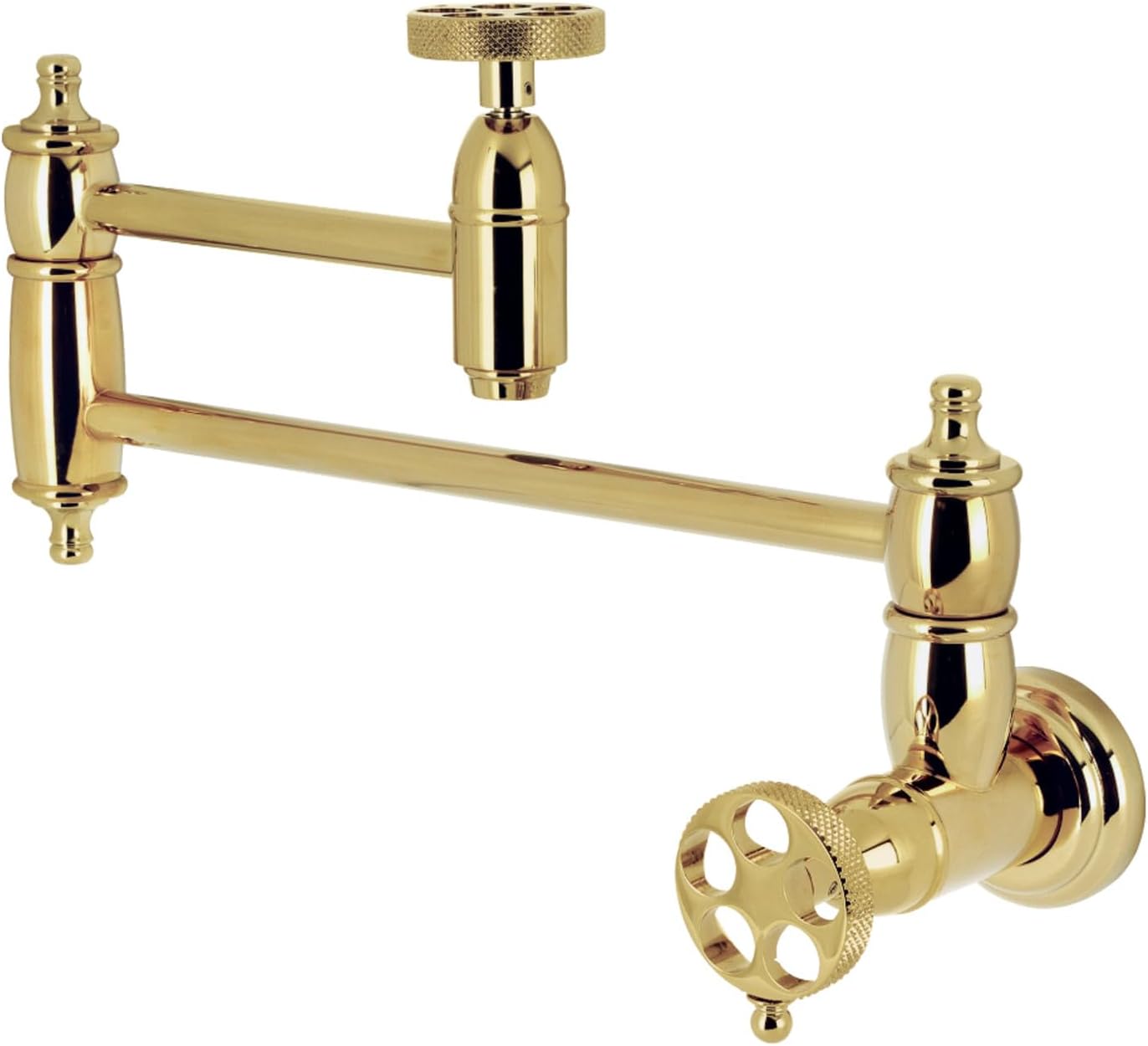 Kingston Brass KS3103RKX Webb Two-Handle 1-Hole Wall Mount Pot Filler with Knurled Handle in Antique Brass