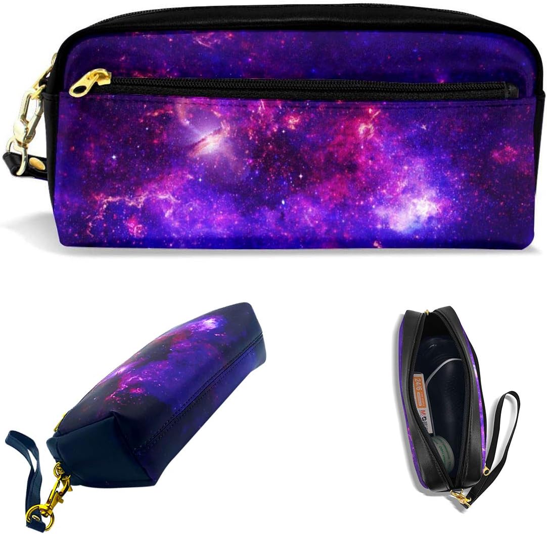AHOOCUSTOM Purple Galaxy Faux Fur Pencil Case for Teen Girls Boys, Big Zipper Leather Cute Makeup Bag for Women Office, Cosmetic Travel Bags School Stationery Soft Solar System Portable Pouch