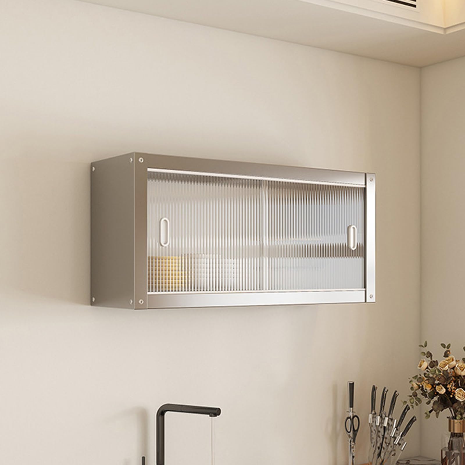Stainless Steel Wall Cabinet With Acrylic Sliding Doors 2 Tier Metal Kitchen For Ses Dishes & Kitchen Sto,Silver-60*30*40Cm/23.6*11.8*15.7In,Silver-60*30*40cm/23.6*11.8*15.7in