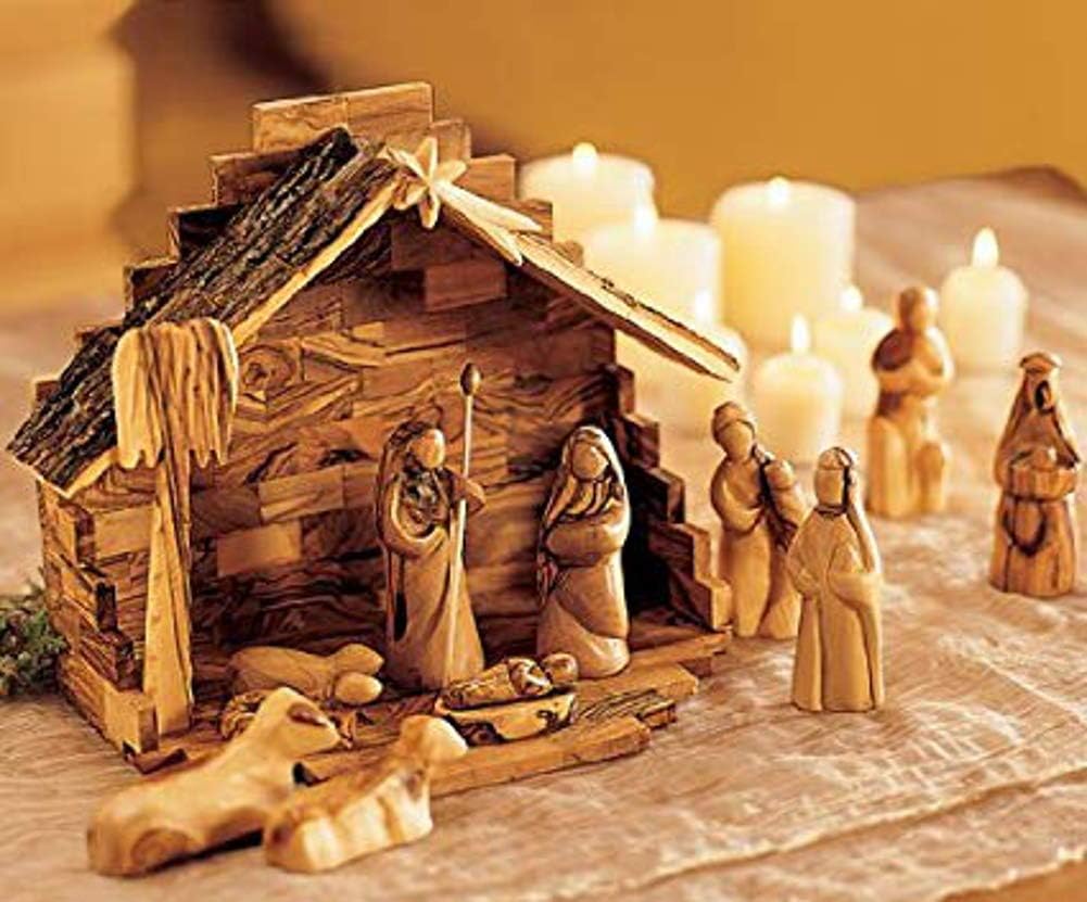 Holy Land Market Inspirational Christmas Decorations Indoor Nativity Set - Antique Style Olive Wood Handmade 12-Piece Faceless Nativity, Rustic Stable - Christmas Table Decor - Contemporary Art