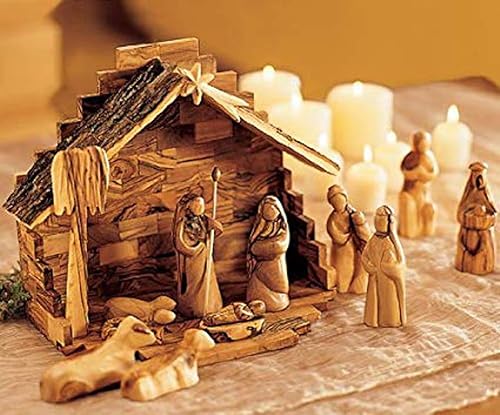 Holy Land Market Juego de decoración de Navidad inspiradora para interiores, estilo antiguo, madera de olivo hecha a mano, 12 piezas, pesebre sin