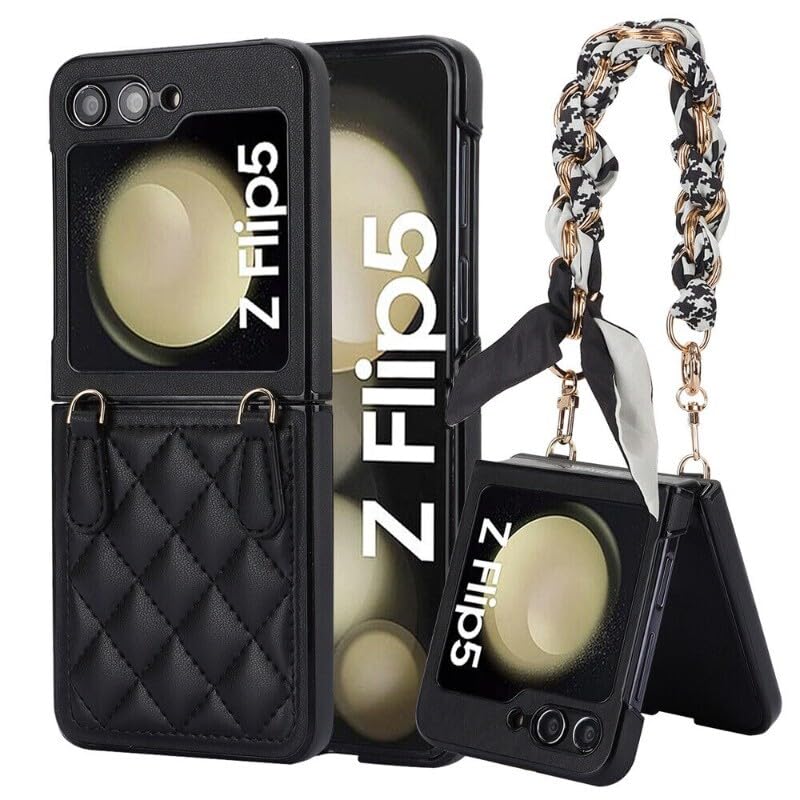 Housse Samsung Galaxy Z Flip 5 étui portefeuille cuir noir avec cordon amovible