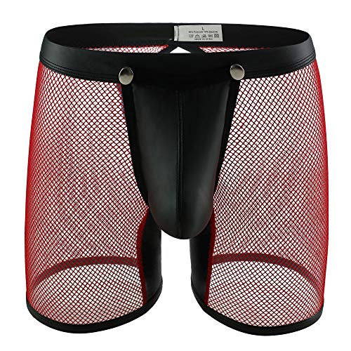 Evankin Men\'s See Through Sexy Mesh with Faux Leather Loose Shorts Pants Erotic Clubwear Button Removable Pouch(A4-50Red,M)