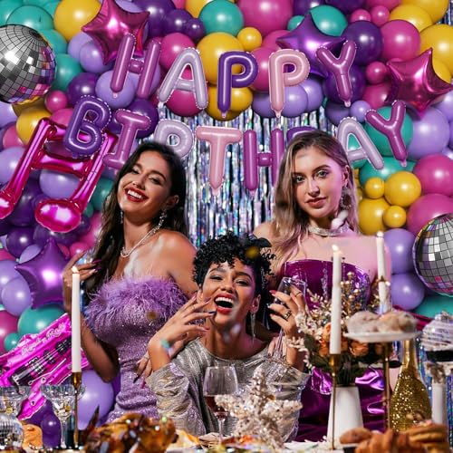 Image of 167PCS Purple Pink Teal K-Pop Music Themed Birthday Decorations with HAPPY BIRTHDAY &Musical Symbols & Disco Star & Guitar Foil Balloons for Kpop Music Girls Fans Birthday Party Grad Prom Decoration