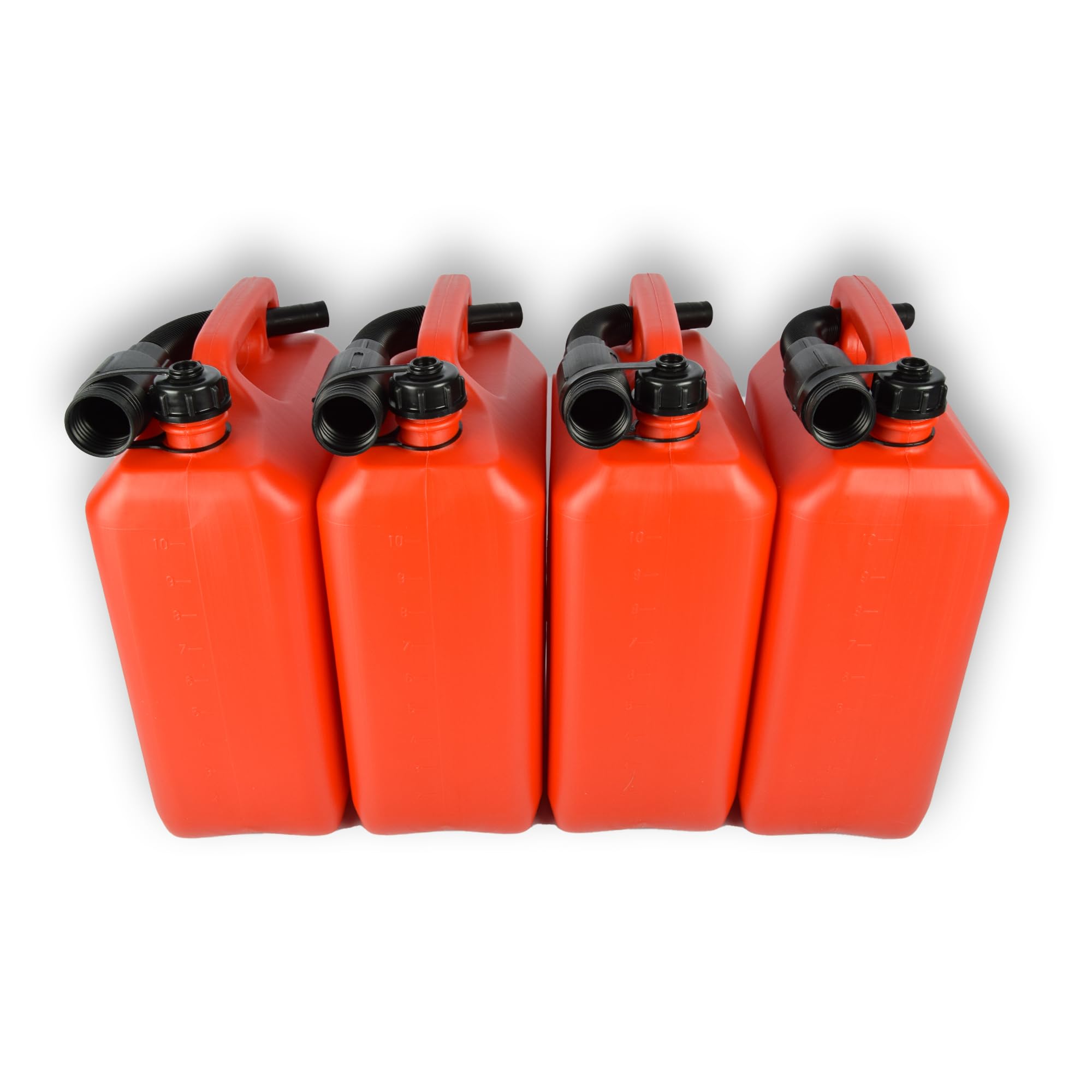 Bidon 10 Litres Rouge - Lot de 4 - Bidon de Carburant Homologué par l'ONU pour Essence et Diesel - Comprend un Long Bec Verseur et un Tuyau de Remplissage - Pour Voiture, Bateau, Atelier et Camping