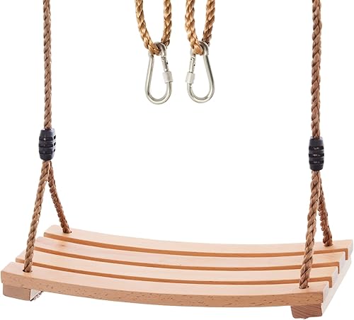 Miniatura 1 de Columpio de árbol de madera para niños doble revestimiento de 165 x 78 pulgadas asiento de madera para exteriores cuerdas de poliéster ajustables