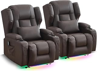 SAMERY Fernsehsessel Elektrisch Verstellbar Relaxsessel mit Liegefunktion Massage Heizung, Kunstleder TV Sessel Wohnzimmer Kinosessel Liegesessel Massagesessel mit Fußteil, USB, LED (Braun*2)