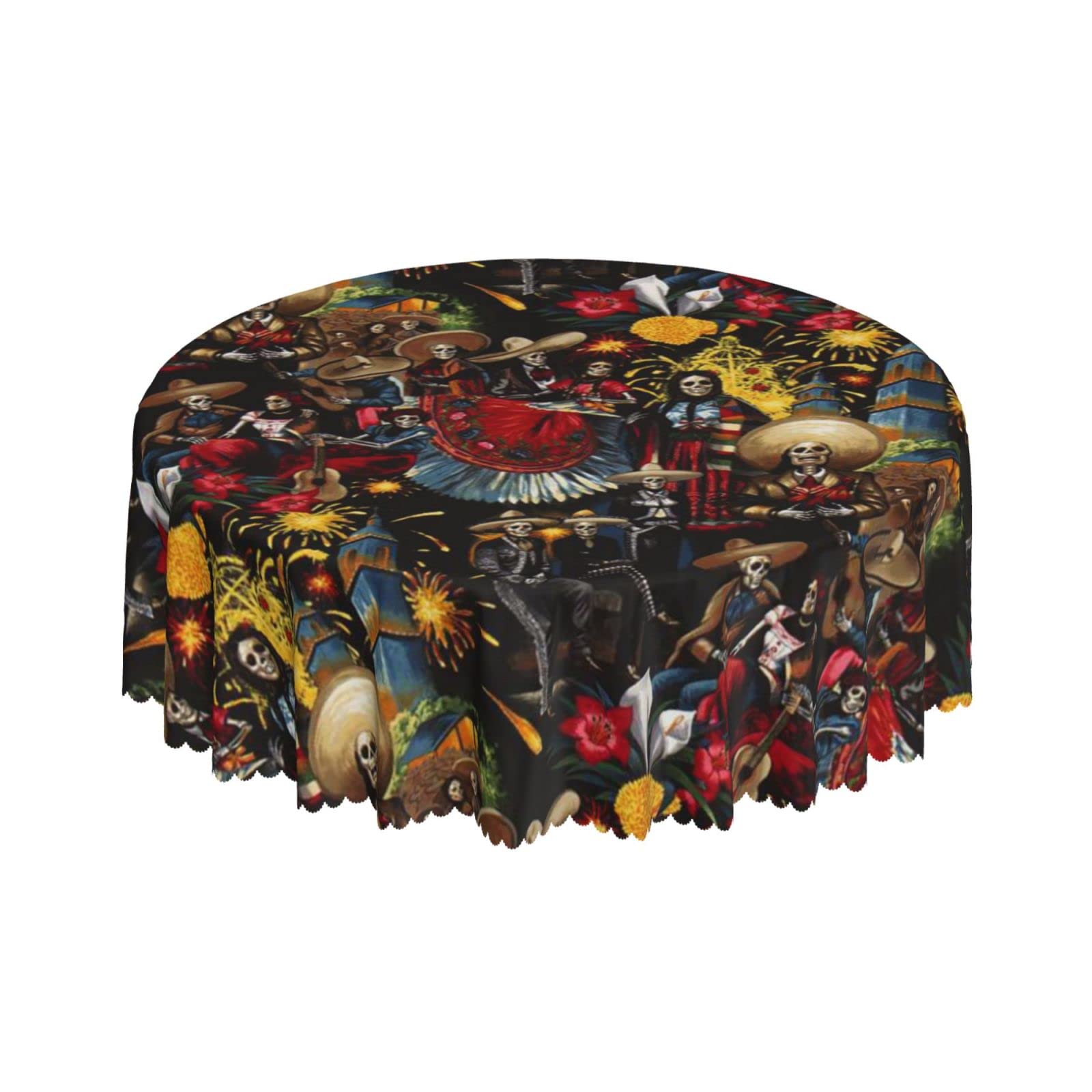 Lsjuee Skeleton Death Black Celebrate Floral Round Tablecloth 60 Inch Printed Washable Tablecloth for Dining Party Holiday Fall Home Decorative