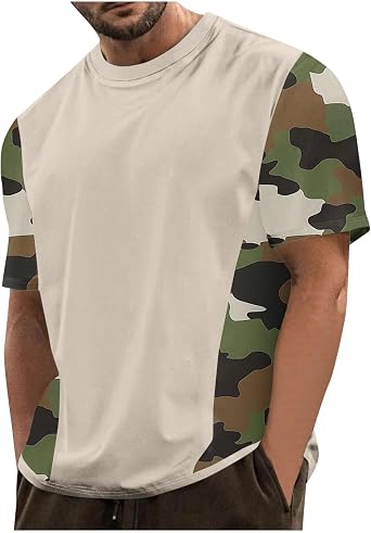 Men Camouflage Block Color Tee Shirt Short Sleeve Fashion Tshirts Casual Summer Athletic Running T-Shirts