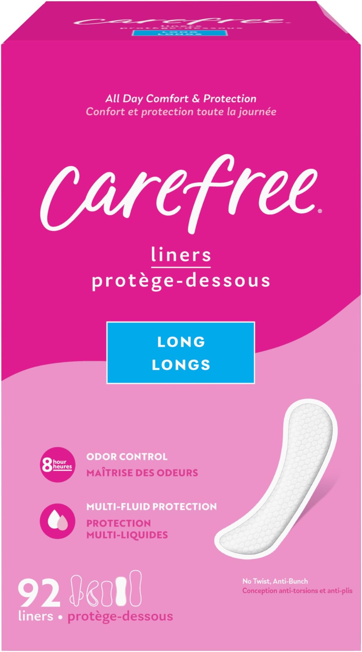 Carefree Panty Liners for Women, Long, Unwrapped, Unscented, 92ct | Pantiliners, Carefree Liners, Daily Liners for Women, Light Periods and Leaks, 8-Hour Odor Control | 92ct (Packaging May Vary)