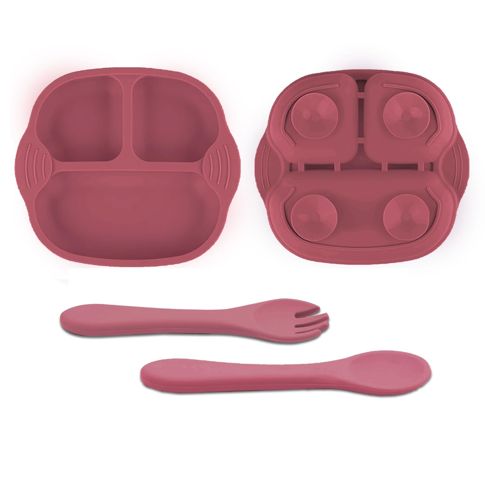Newborn Essentials Baby Feeding Set, Suction Plate Set for Toddlers, Babies, Kids Plates for Food with Spoon Fork, Silicone Set (Wine)