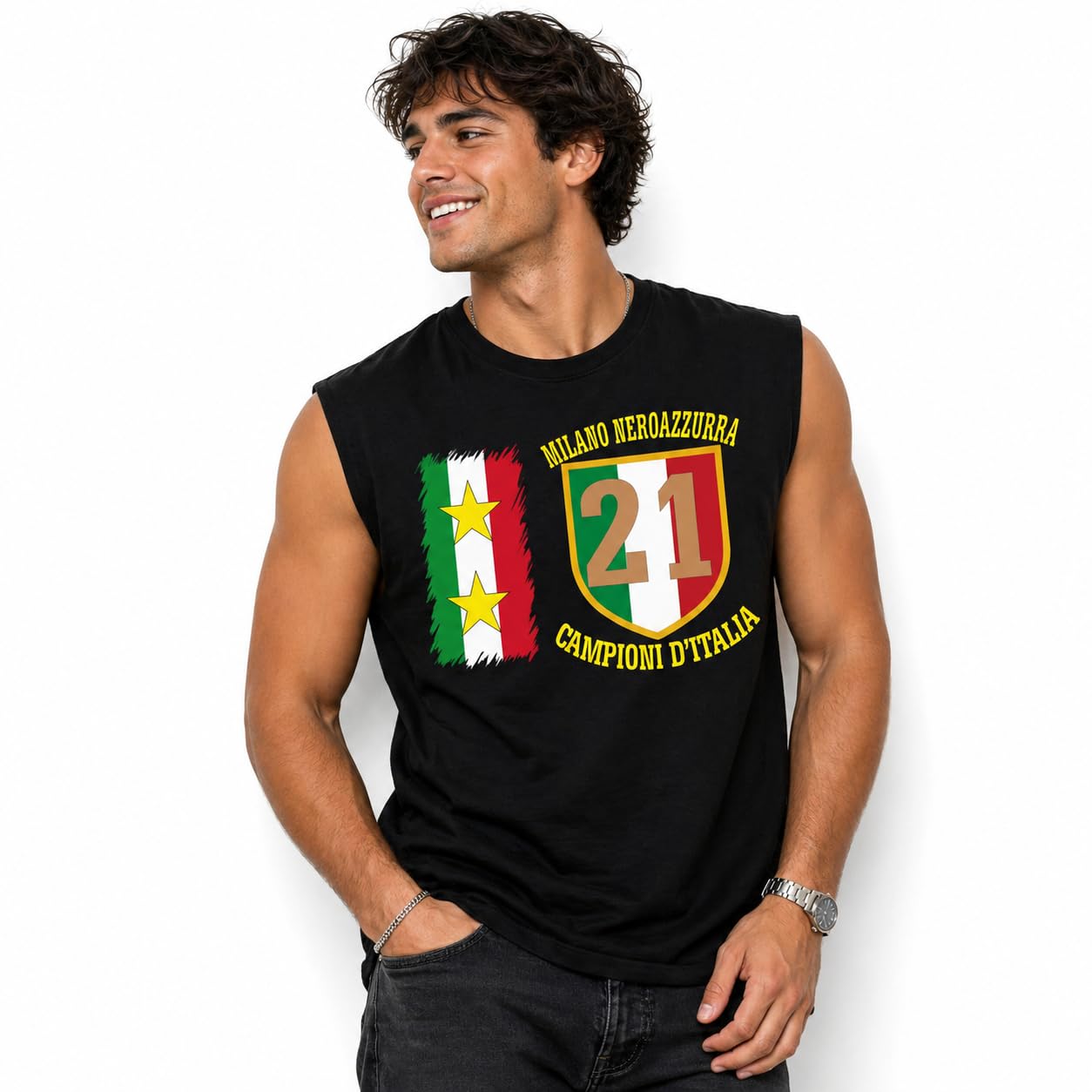 T-Shirt Smanicata Internazionale Campioni d'Italia 21 Scudetti Tifosi Nero Azzurri | Canotta Cotone Scudetto Nero Azzurro PS 29999-INT04