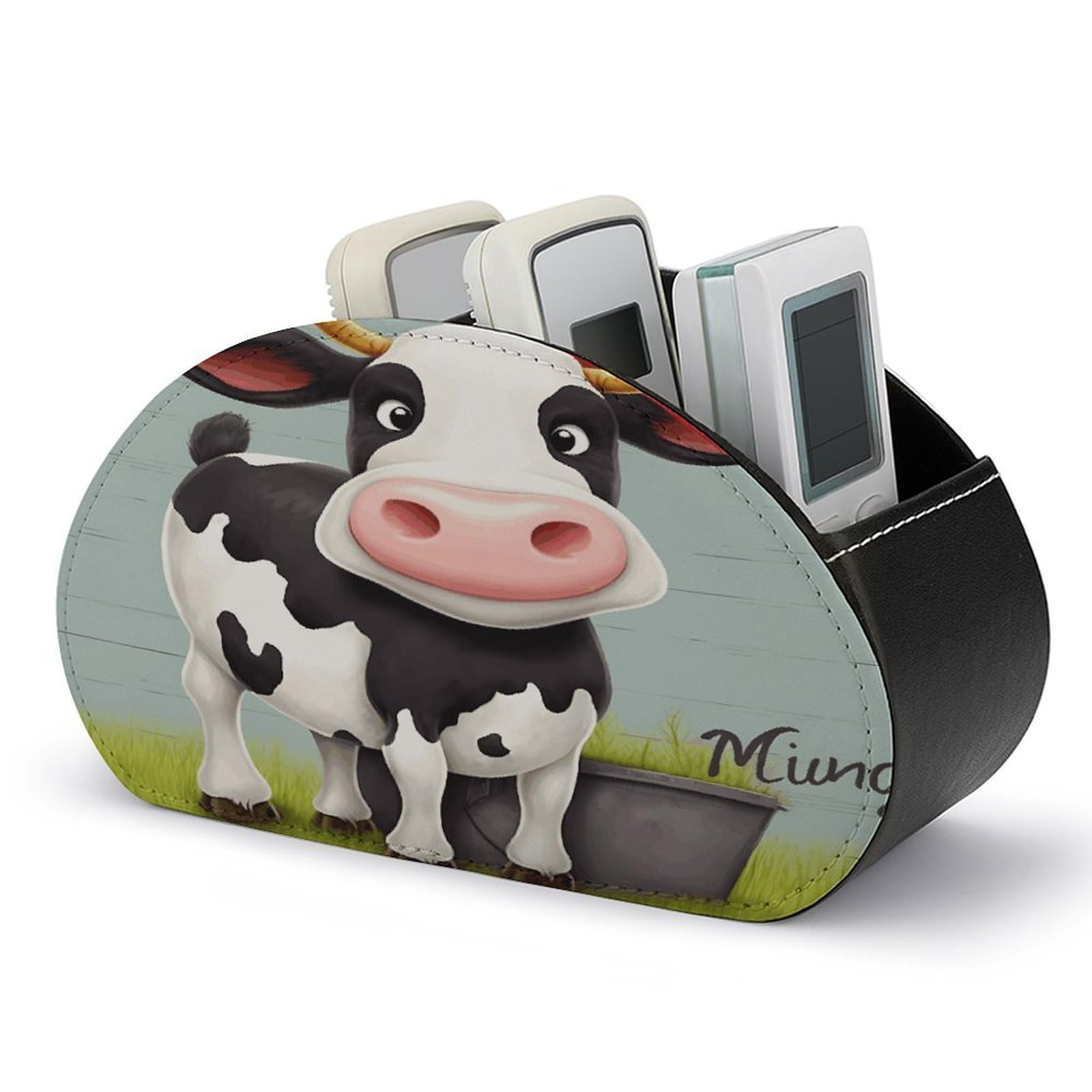 FekiLoot Cute Cow TV Remote Control Holder with 5 Compartments Multi-functional Leather Bedside Table Remote Caddy Desktop Storage Box for Store Pen Controller Media Player Cosmetic