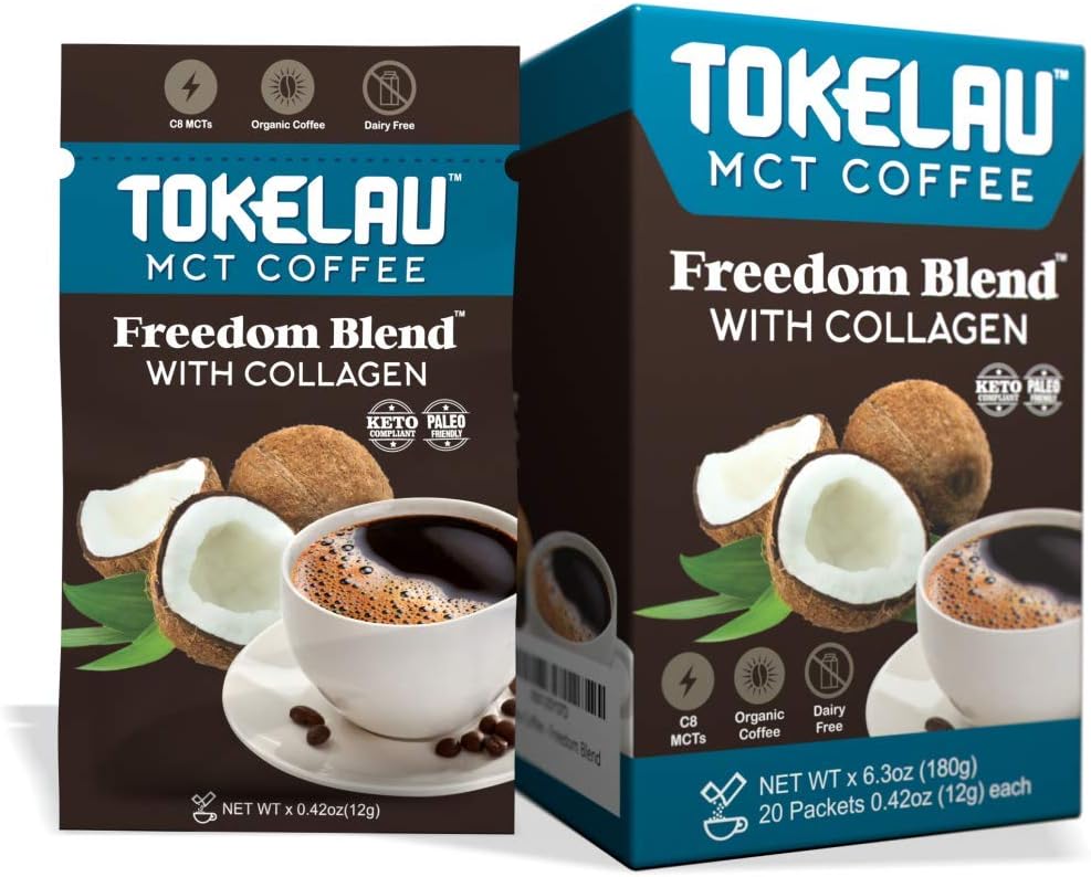 Tokelau Keto Collagen Instant Coffee Packets with Collagen and C8 MCT Oil, Perfect Dairy Free Ketogenic Coffee in Seconds